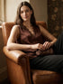 Brown Sleeveless V-Neck Shell with Lace Trim - Close-up Lace Detail - Suzy Shier