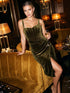 Olive Velvet Bustier Midi Dress - Woman Wearing Elegant Wrap Skirt Dress - Le Chateau