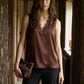 Brown Sleeveless V-Neck Shell with Lace Trim - Close-up Lace Detail - Suzy Shier