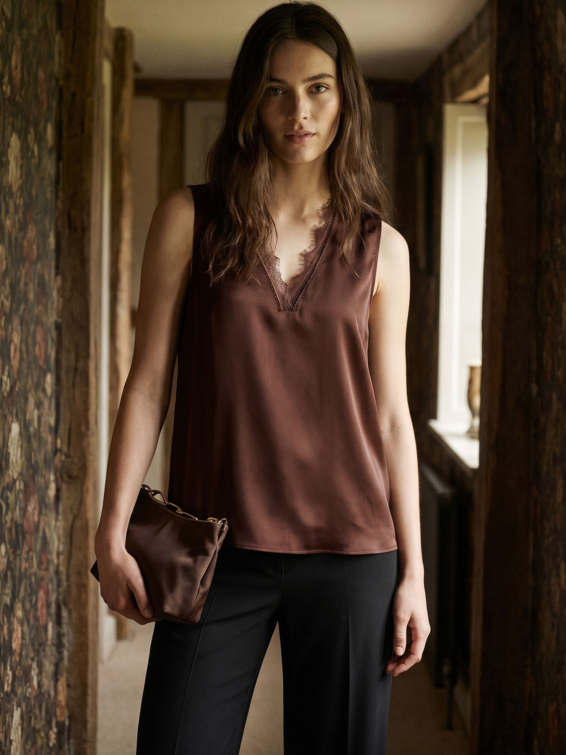 Brown Sleeveless V-Neck Shell with Lace Trim - Close-up Lace Detail - Suzy Shier