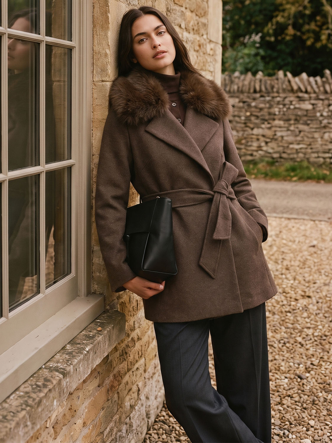 Dark Brown Melange Short Belted Faux Wool Coat - Woman Wearing Faux Fur Collar Coat - Suzy Shier