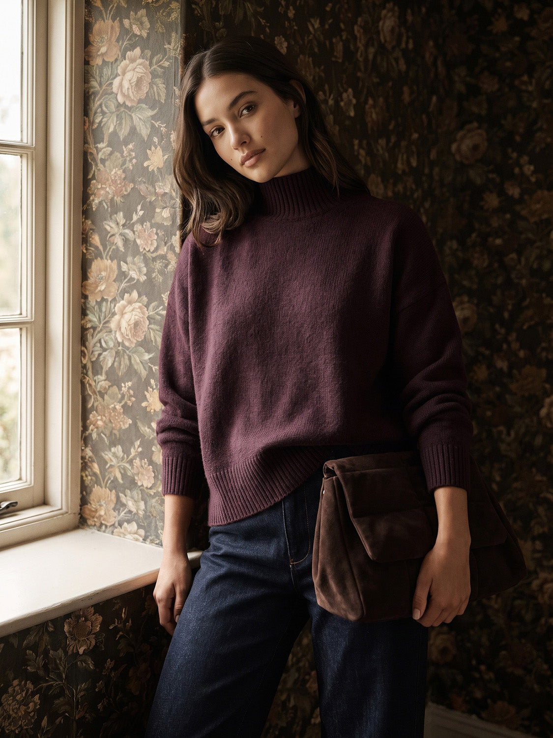 Winetasting Mock Neck Drop Shoulder Sweater - Woman Wearing Soft Knit Pullover - Suzy Shier