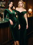 Dark Emerald Velour Crossover Sheath Dress - Woman Wearing Long Sleeve Party Dress - Le Chateau