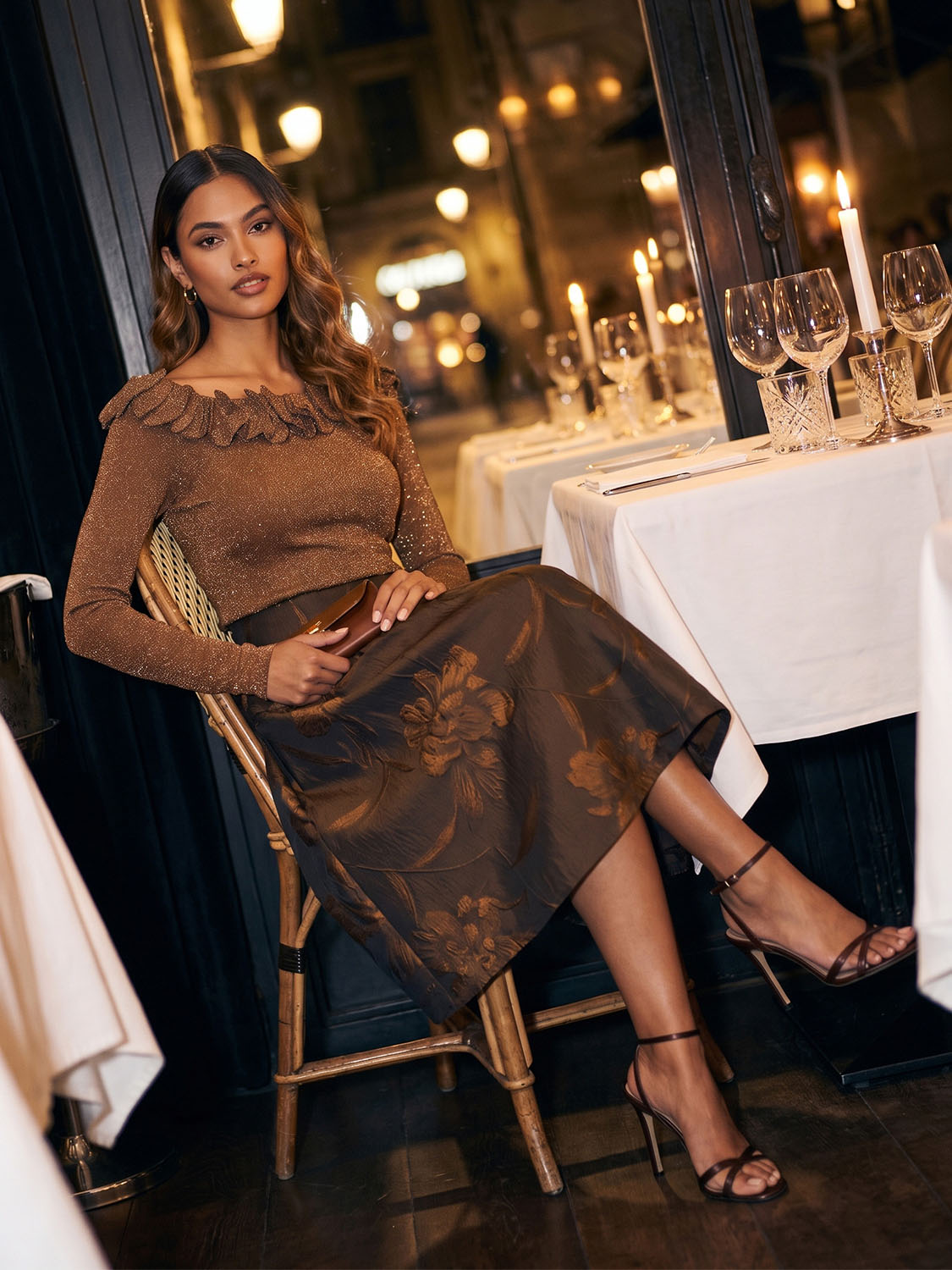 Copper Floral Jacquard Midi Skirt with Box Pleats - Woman Wearing Elegant Pleated Skirt - Le Chateau