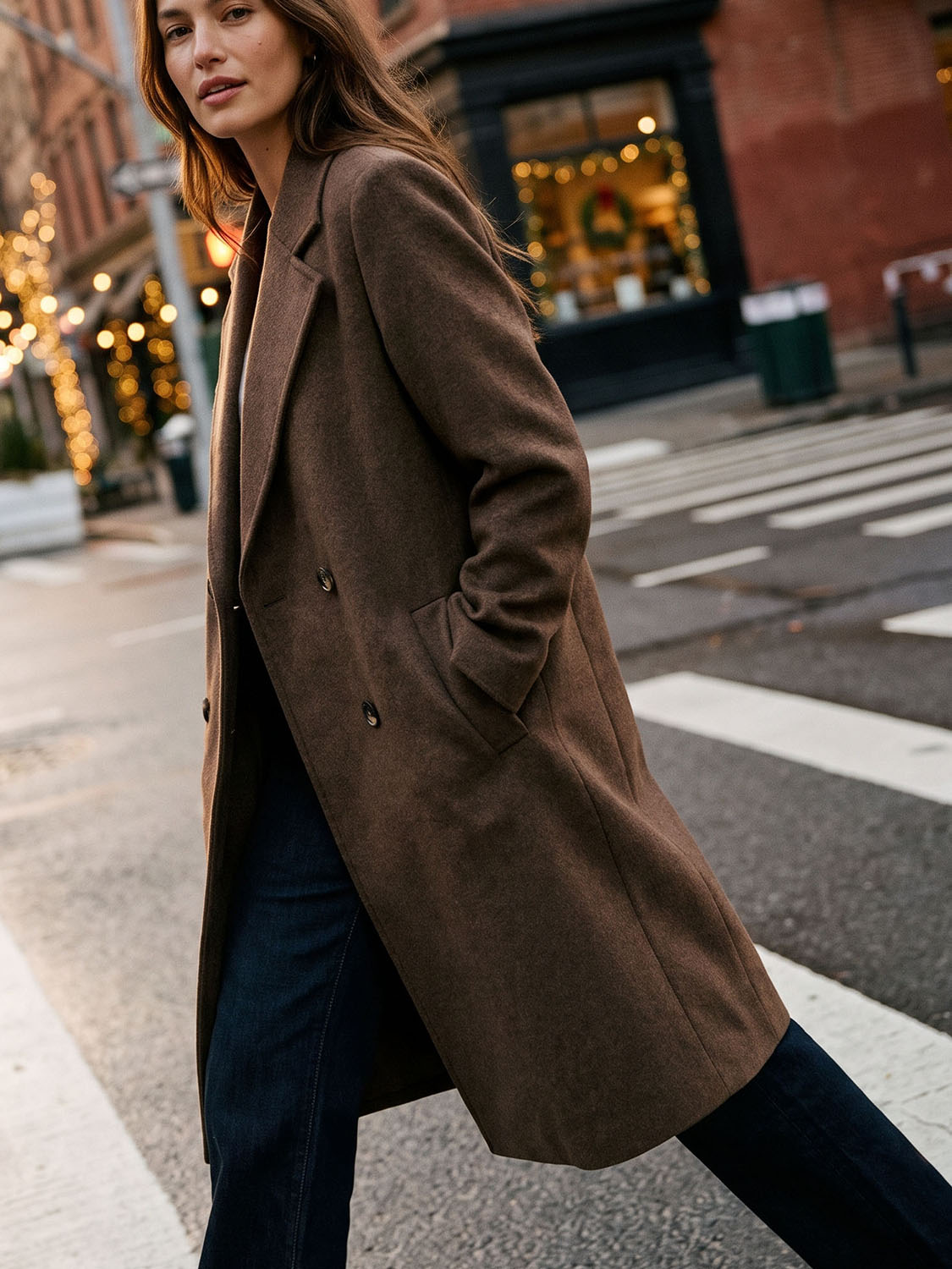 Latte Double-Breasted Faux Wool Coat - Woman Wearing Tailored Outerwear - Suzy Shier