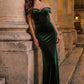 Dark Emerald Off-Shoulder Velour Mermaid Gown - Woman Wearing Floor-Length Evening Dress - Le Chateau