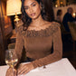 Copper Lurex Ruffle Off-Shoulder Sweater - Woman Wearing Shimmering Knit Top - Le Chateau