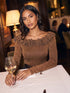 Copper Lurex Ruffle Off-Shoulder Sweater - Woman Wearing Shimmering Knit Top - Le Chateau