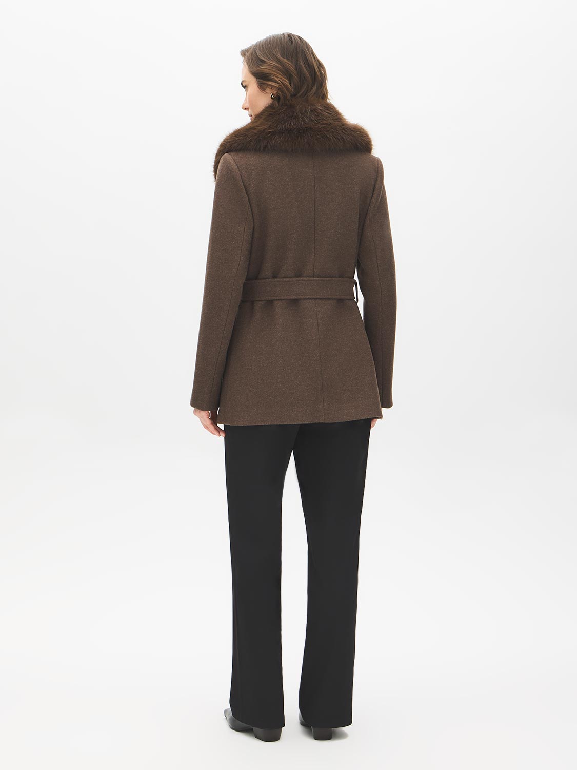 Dark Brown Melange Short Belted Faux Wool Coat - Back View - Suzy Shier
