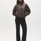 Brown Vegan Leather Bomber Jacket with Funnel Neck - Side Profile View - Suzy Shier