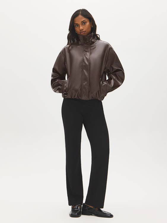 Brown Vegan Leather Bomber Jacket with Funnel Neck - Side Profile View - Suzy Shier