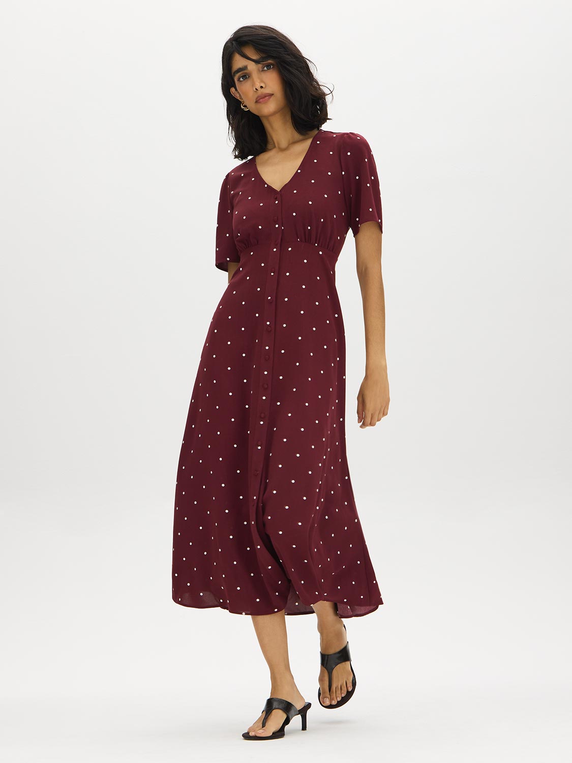 Zinfandel Polka Dot Flowy Shirt Dress - Front View - Suzy Shier