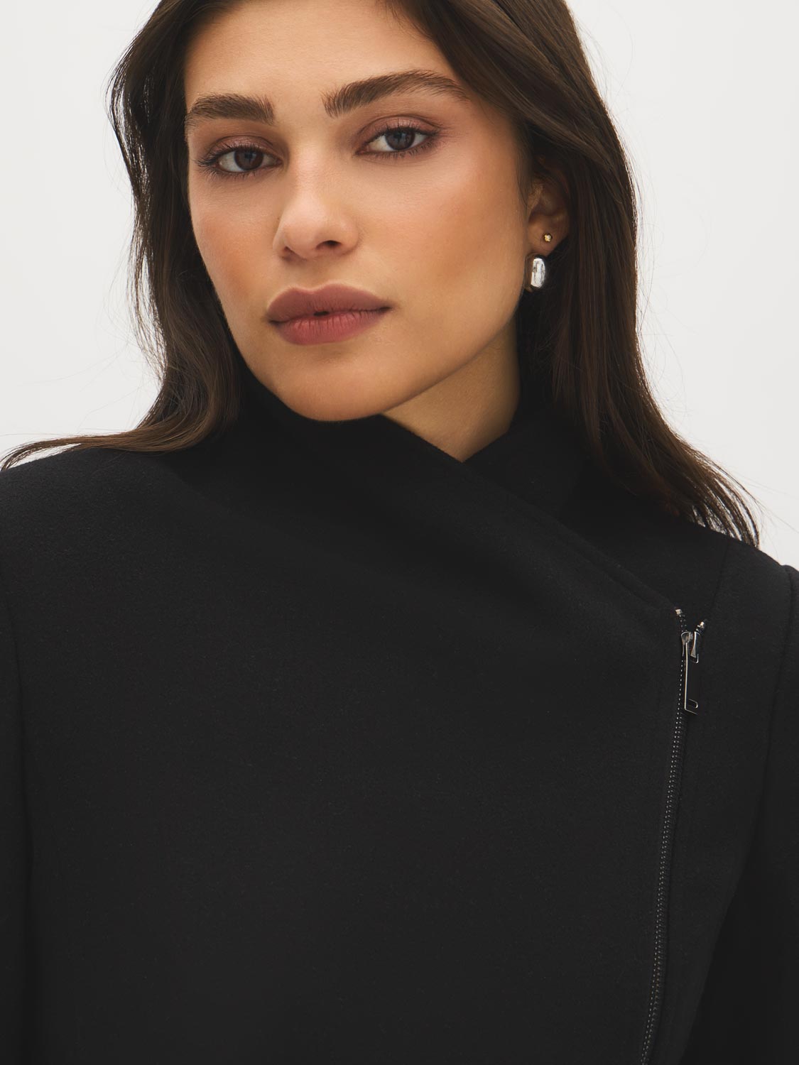 Black Asymmetrical Zip Front Faux Wool Coat - Collar Detail - Suzy Shier
