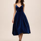 Midnight Blue V-Neck Velour Fit & Flare Cocktail Dress - Front View - Le Chateau