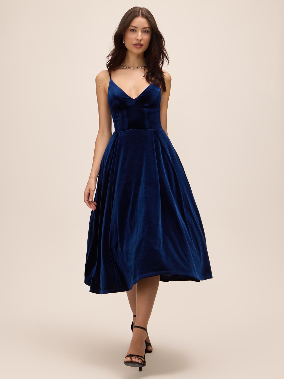 Midnight Blue V-Neck Velour Fit & Flare Cocktail Dress - Front View - Le Chateau