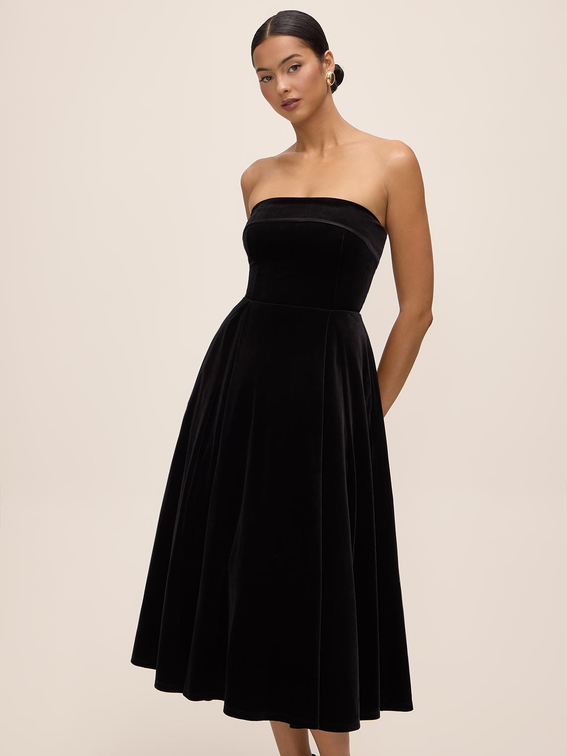 Black Velour Strapless Fit & Flare Dress - Front Angle View - Le Chateau