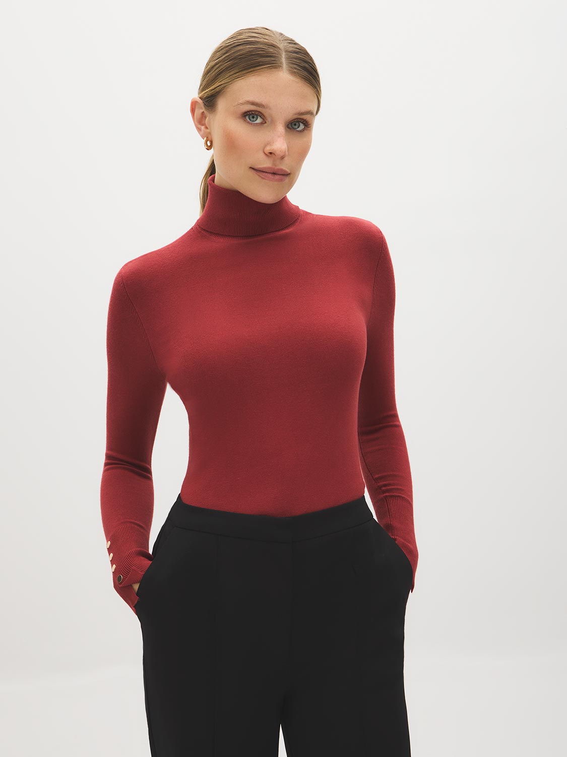 Rosewood Turtleneck Sweater with Snap Details - Woman Wearing Ribbed Knit Top - Suzy Shier