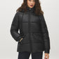 Black Mid-Length Quilted Puffer with Hood - Woman Wearing Hooded Winter Jacket - Suzy Shier