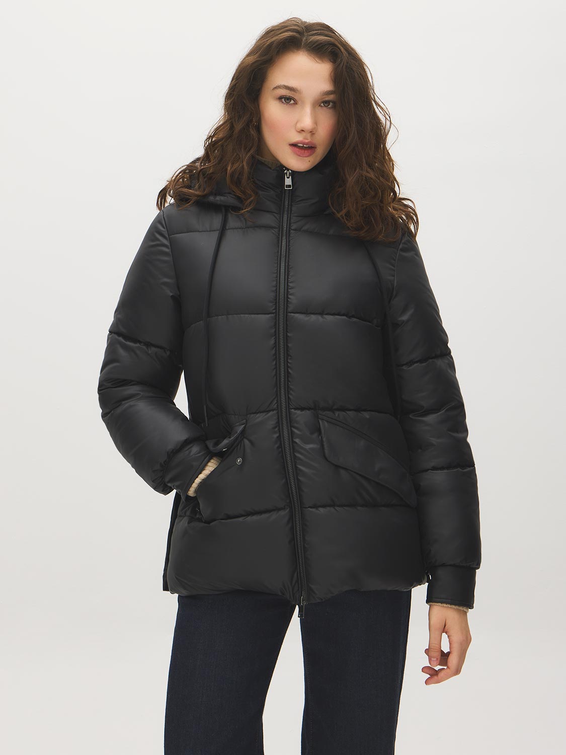 Black Mid-Length Quilted Puffer with Hood - Woman Wearing Hooded Winter Jacket - Suzy Shier