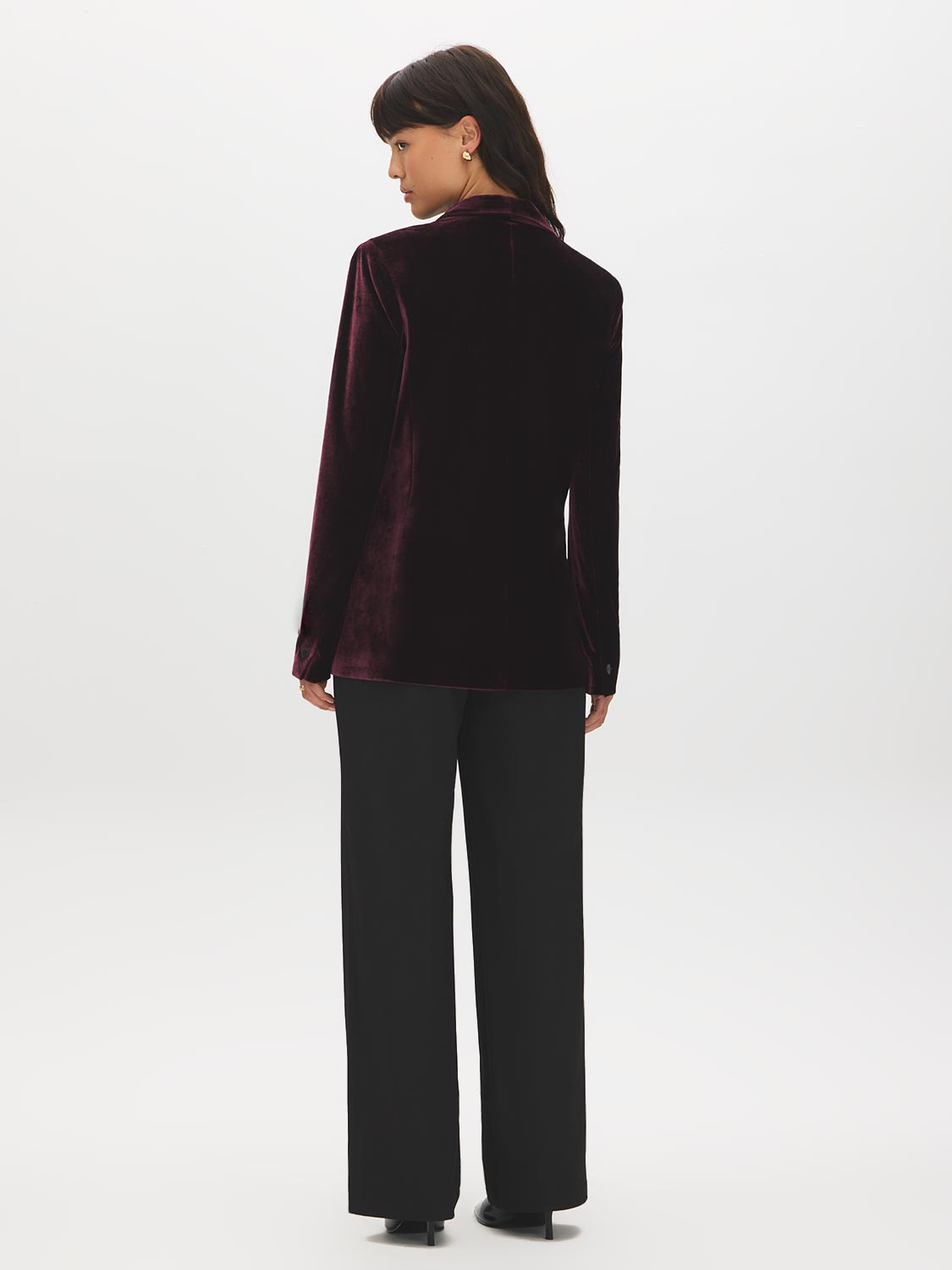 Midnight Plum Velour Blazer with Shawl Collar - Back View - Suzy Shier