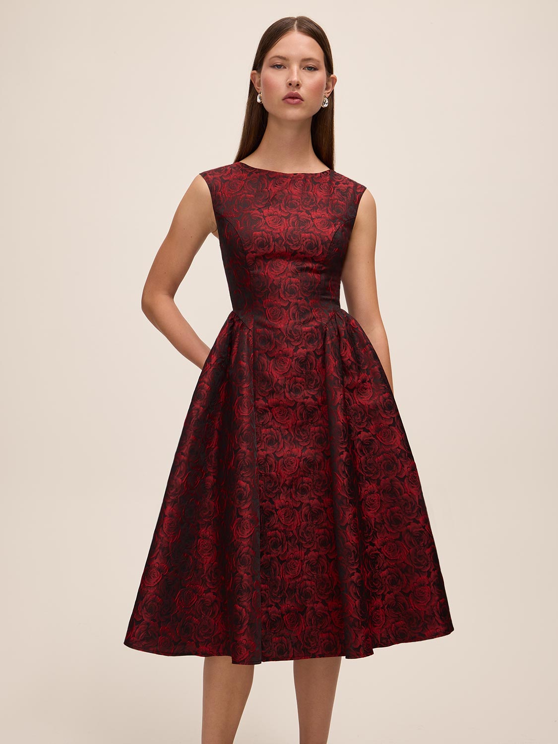 Lipstick Red/Black Jacquard Floral Fit & Flare Dress - Side Profile View - Le Chateau