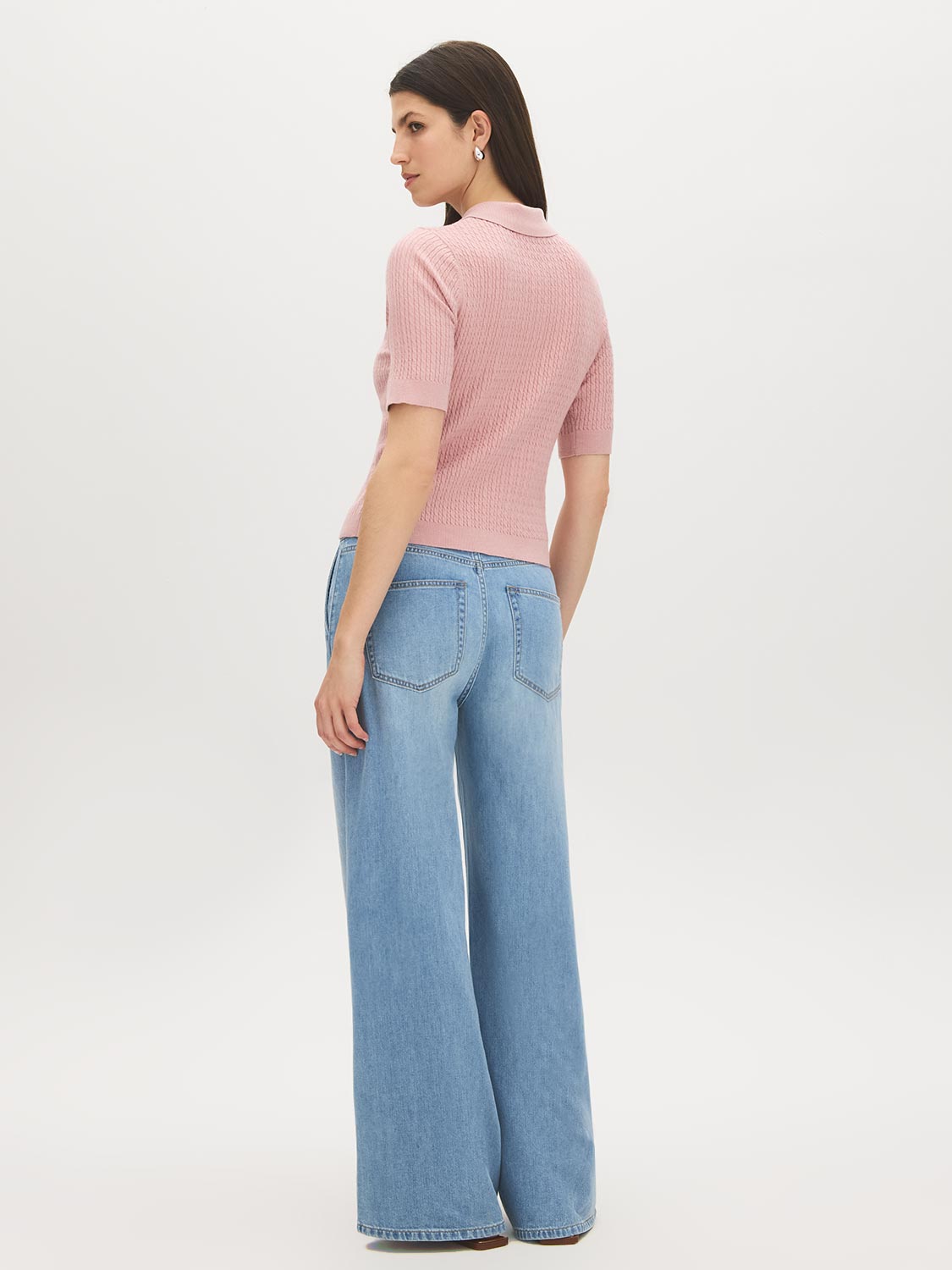 Zephyre Short Sleeve Cable Knit Button-Front Sweater - Back View - Suzy Shier