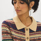 Green/Blue/Beige Multi-Color Jacquard Button-Front Sweater - Collar Detail - Suzy Shier