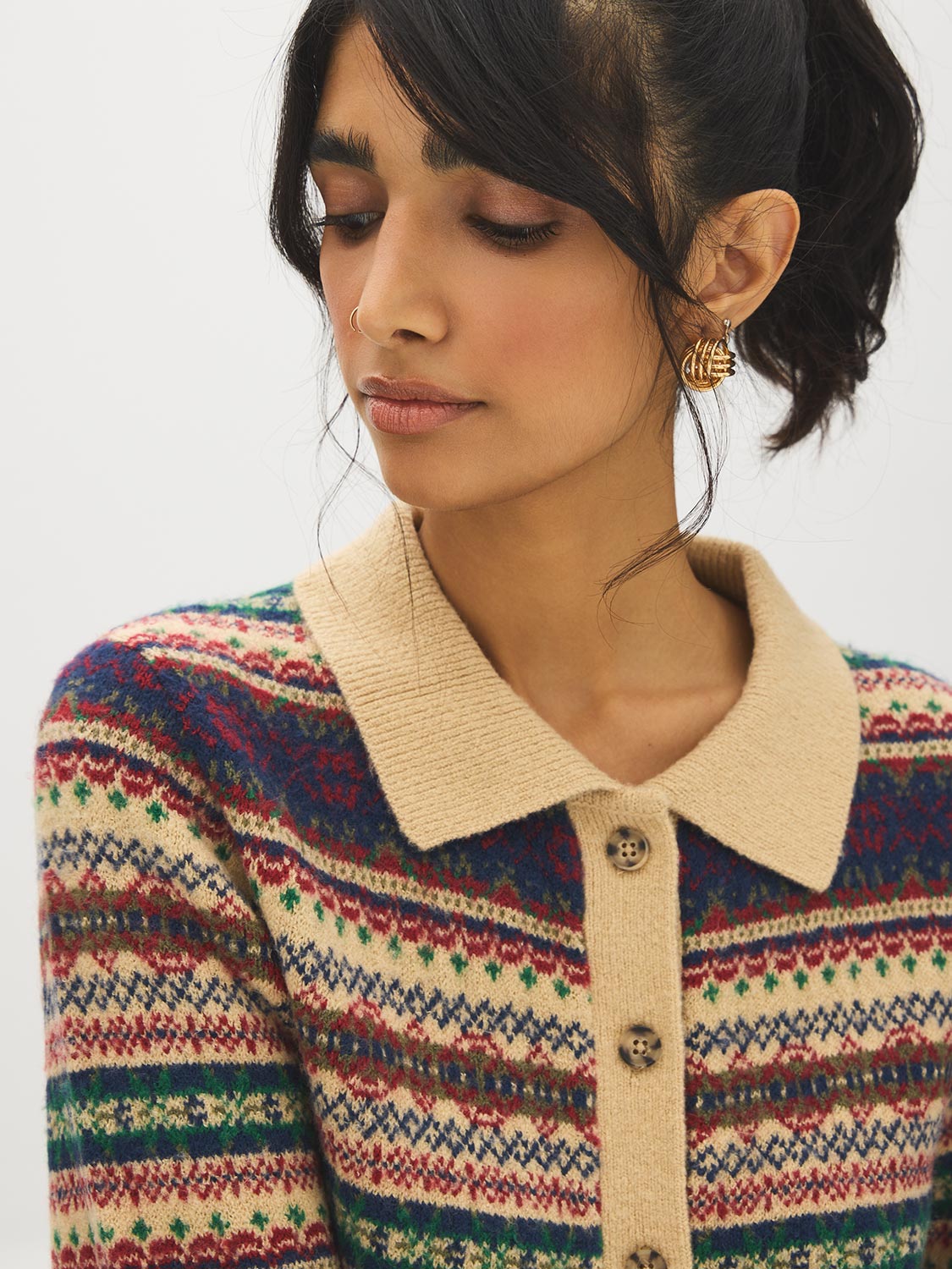 Green/Blue/Beige Multi-Color Jacquard Button-Front Sweater - Collar Detail - Suzy Shier