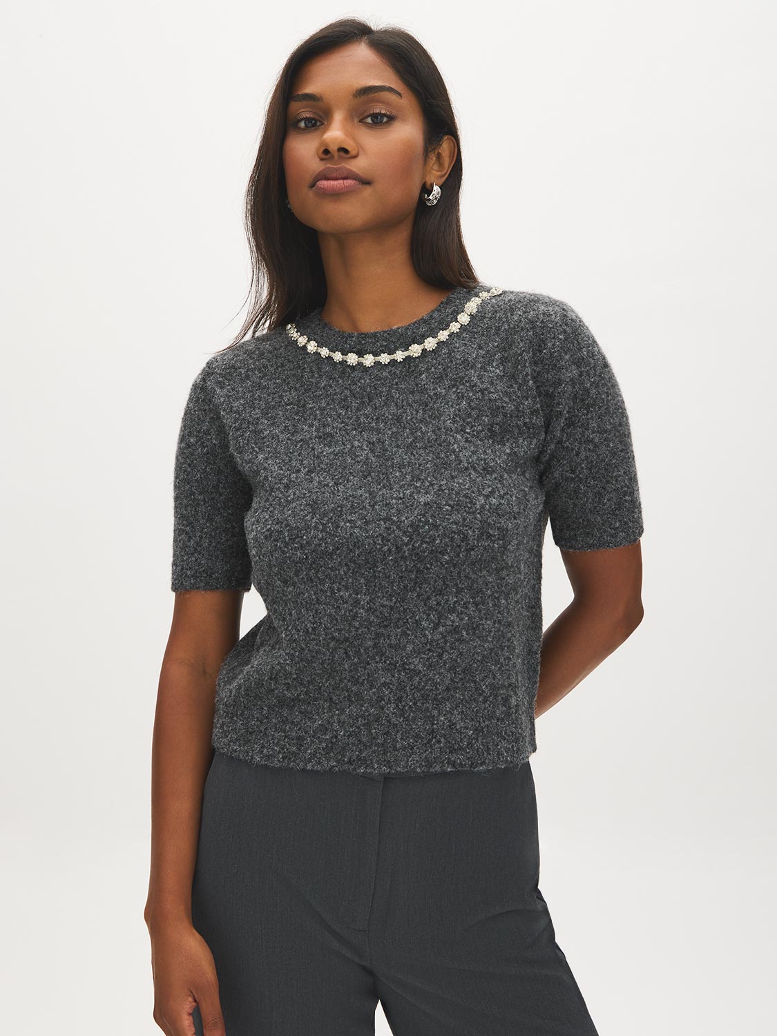 Charcoal Embellished Crew Neck Knit Sweater - Woman Wearing Short Sleeve Sweater - Suzy Shier