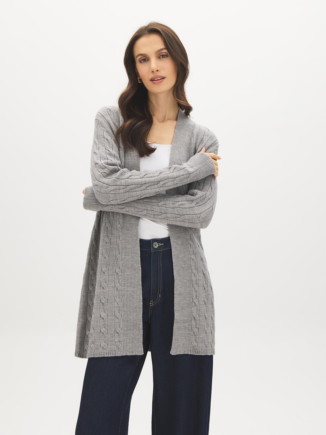 Dolphin Melange Long Cable Knit Open Cardigan - Woman Wearing Textured Knit Sweater - Suzy Shier