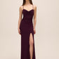 Black Cherry Cowl Neck Gown with Front Slit - Woman Wearing Evening Dress with Spaghetti Straps - Le Chateau