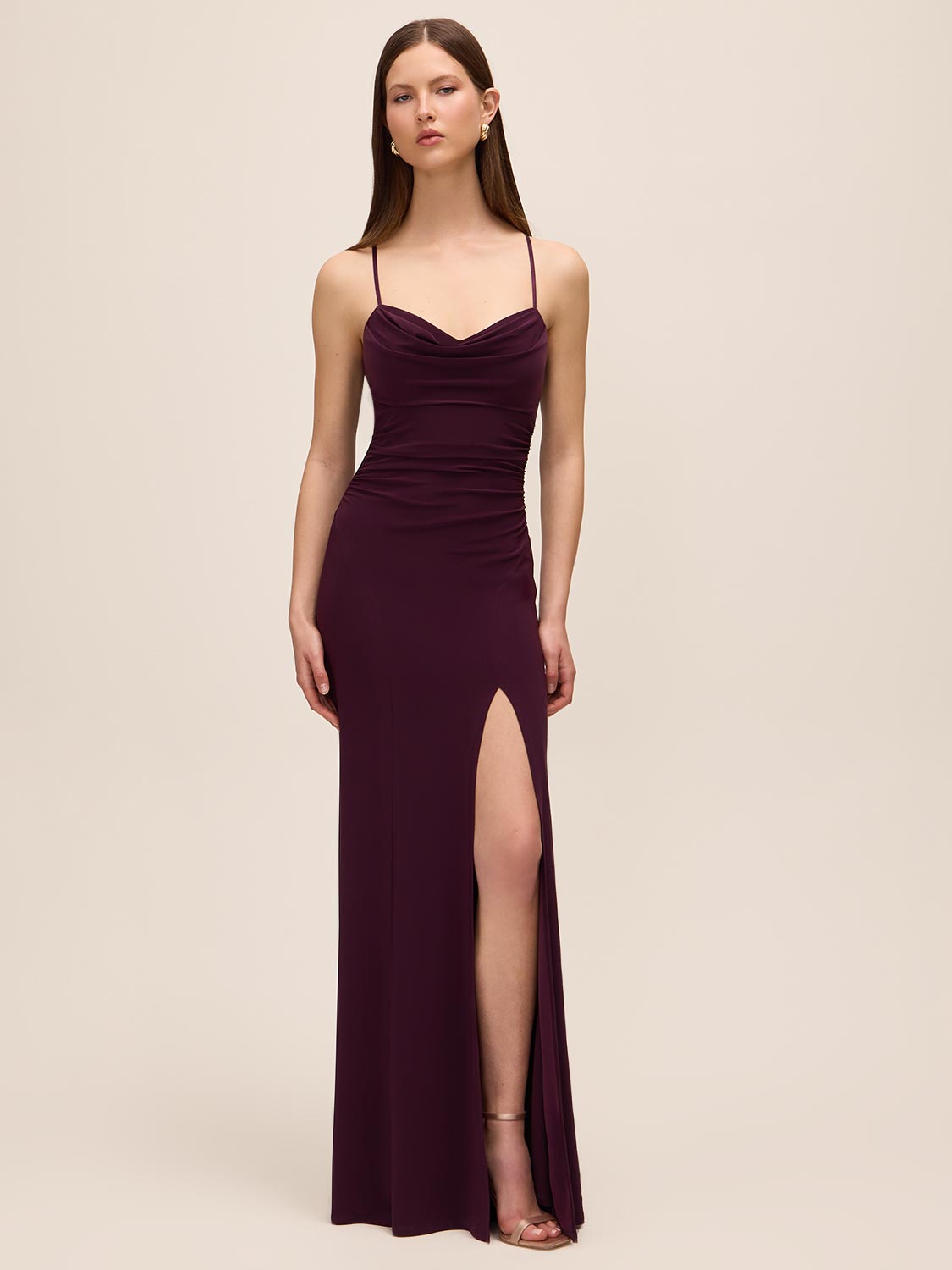 Black Cherry Cowl Neck Gown with Front Slit - Woman Wearing Evening Dress with Spaghetti Straps - Le Chateau