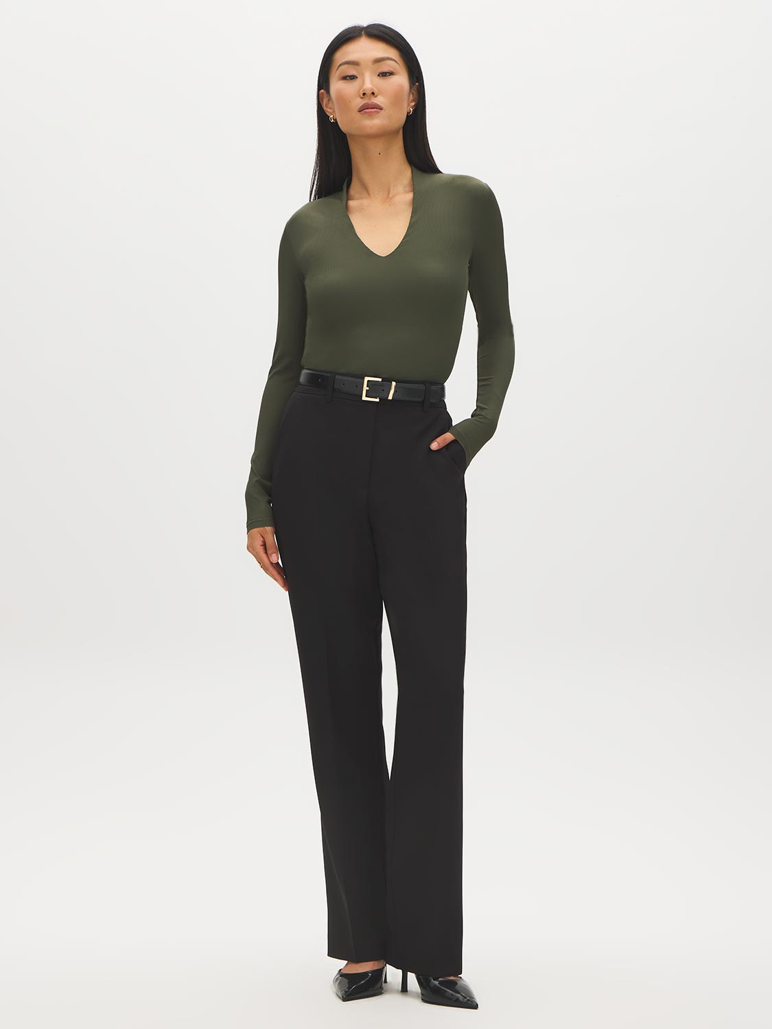 Guacamole Deep V-Neck Ribbed Knit Top - Front View - Suzy Shier
