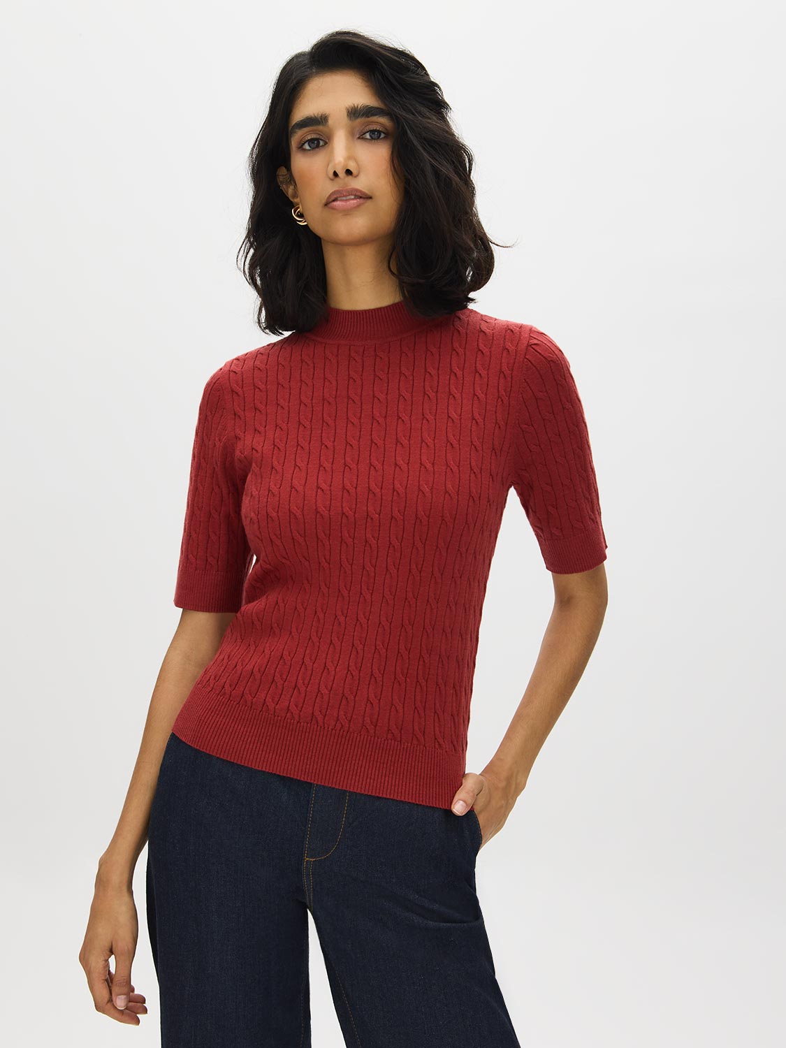 Rosewood Cable Knit Mock Neck Sweater - Woman Wearing Textured Knit Top - Suzy Shier