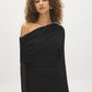 Jet Black Mesh Asymmetrical Cape Top - Woman Wearing Dramatic Evening Top - Suzy Shier