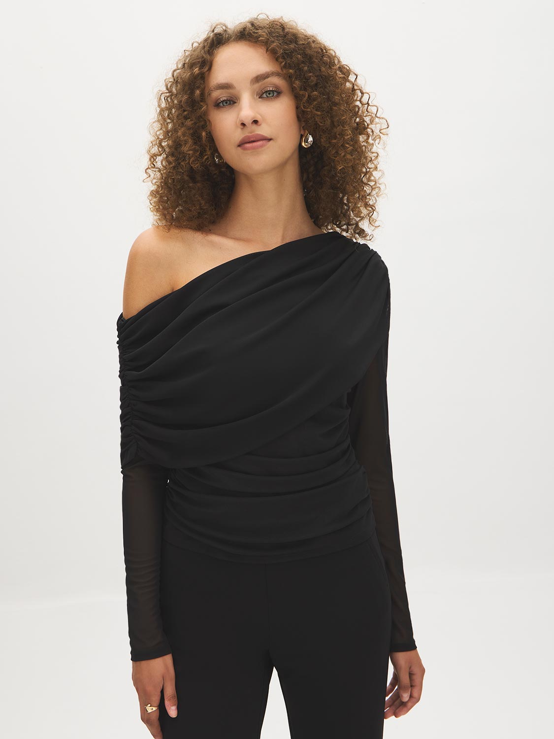 Jet Black Mesh Asymmetrical Cape Top - Woman Wearing Dramatic Evening Top - Suzy Shier
