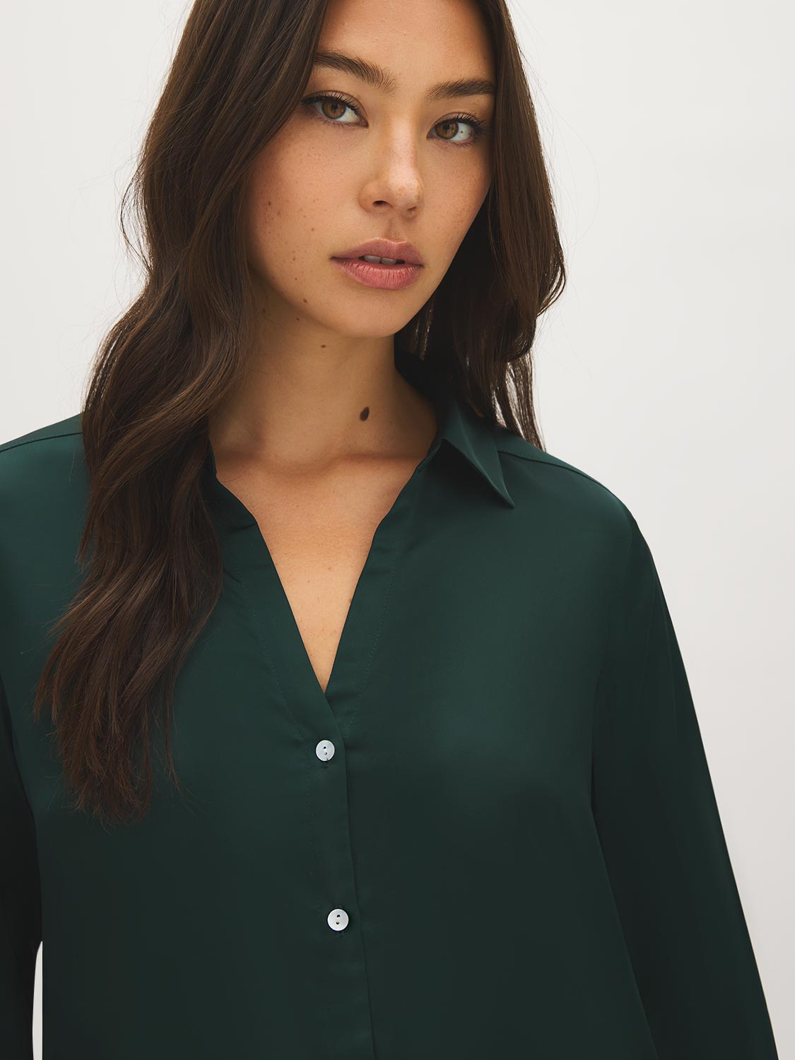 Scarab Satin-Like V-Neck Blouse - Close-up Fabric Detail - Suzy Shier