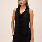 Black Plissé Ruffle Sleeveless Blouse - Woman Wearing Textured Blouse with Cascading Ruffles - Le Chateau
