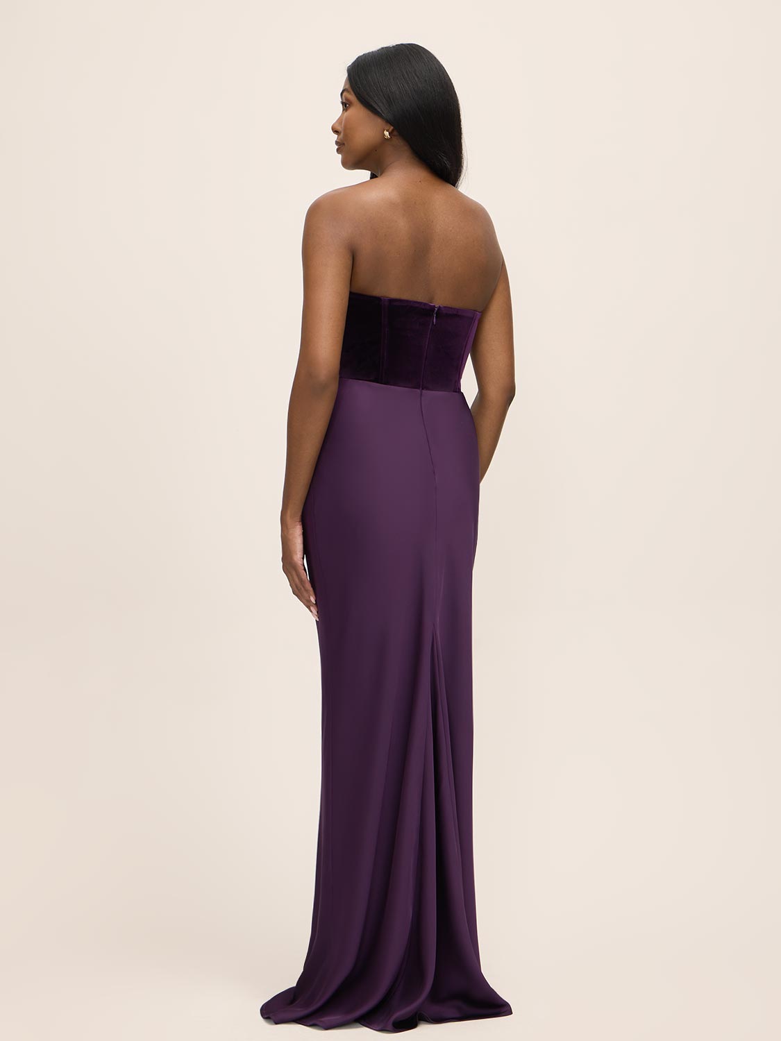 Dark Plum Bustier Gown with Velour Upper - Back View - Le Chateau