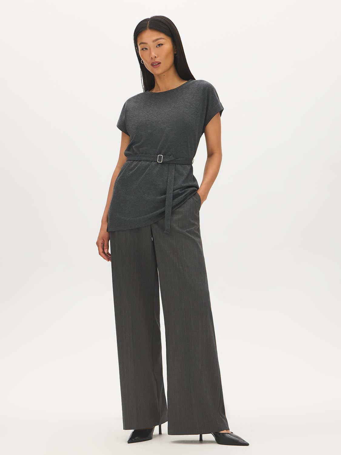 Charcoal Dolman Sleeve Jacquard Tunic Top - Front View - Suzy Shier
