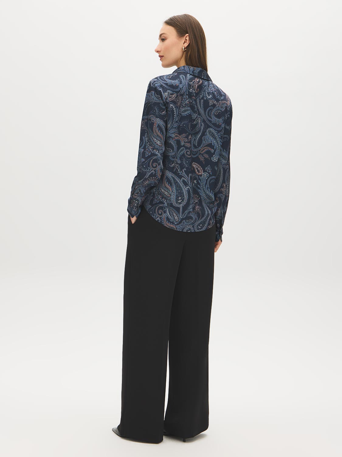 Navy Printed Satin V-Neck Blouse - Back View - Suzy Shier