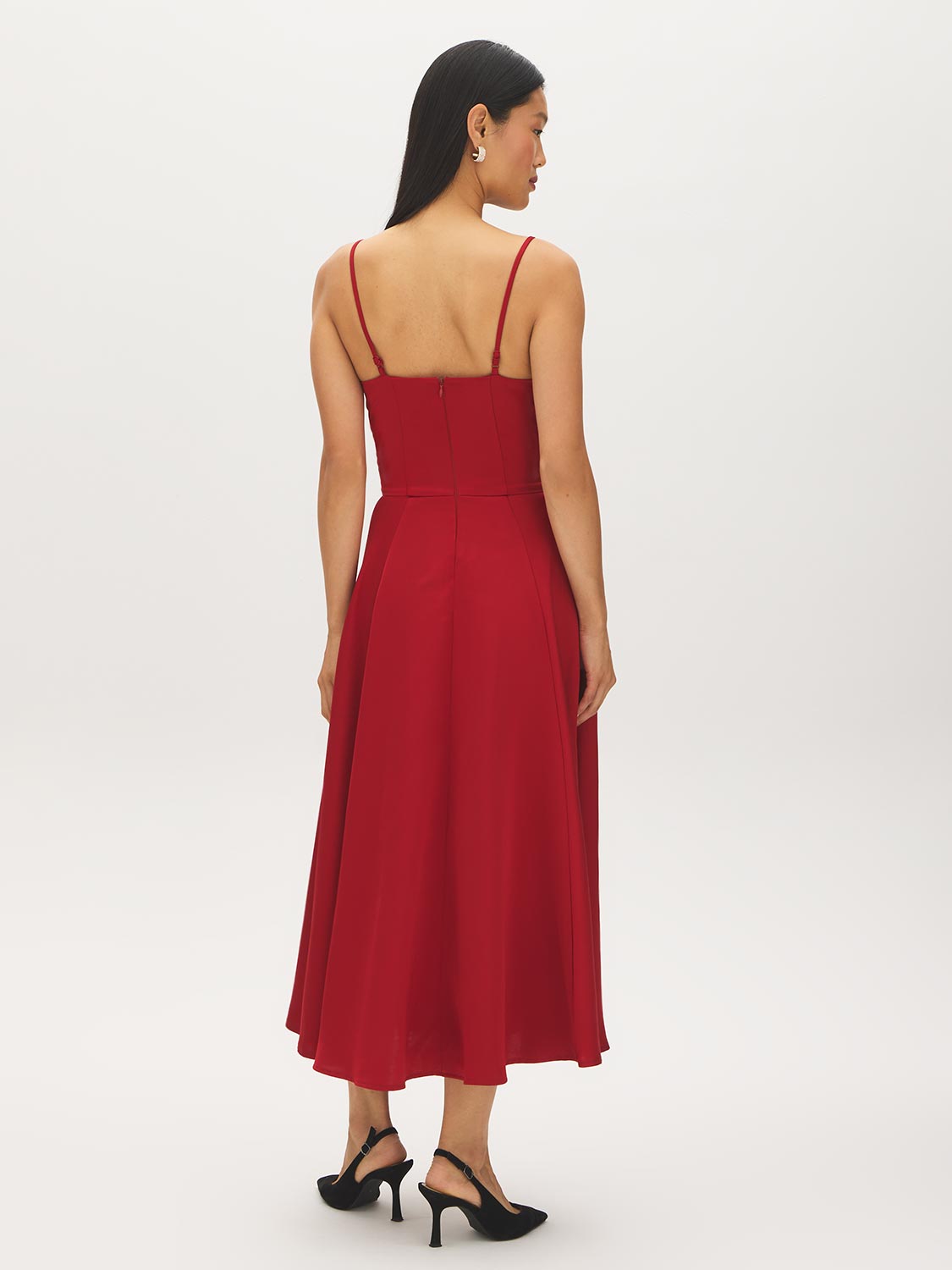 Ruby Red Textured Satin A-Line Midi Dress - Back View - Suzy Shier