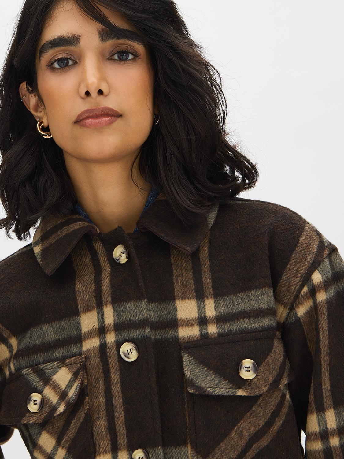 Khaki Plaid Shacket with Front Pockets - Close-up Fabric Detail - Suzy Shier