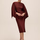 Brick Satin Boat Neck Sheath Dress - Woman Wearing Dress with Batwing Sleeves - Le Chateau