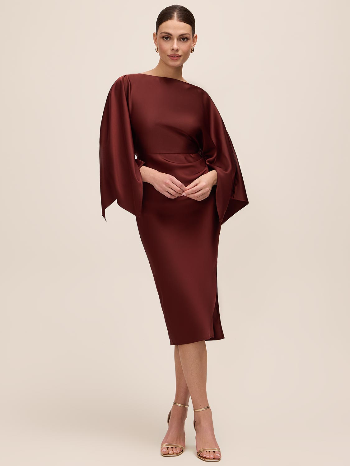 Brick Satin Boat Neck Sheath Dress - Woman Wearing Dress with Batwing Sleeves - Le Chateau