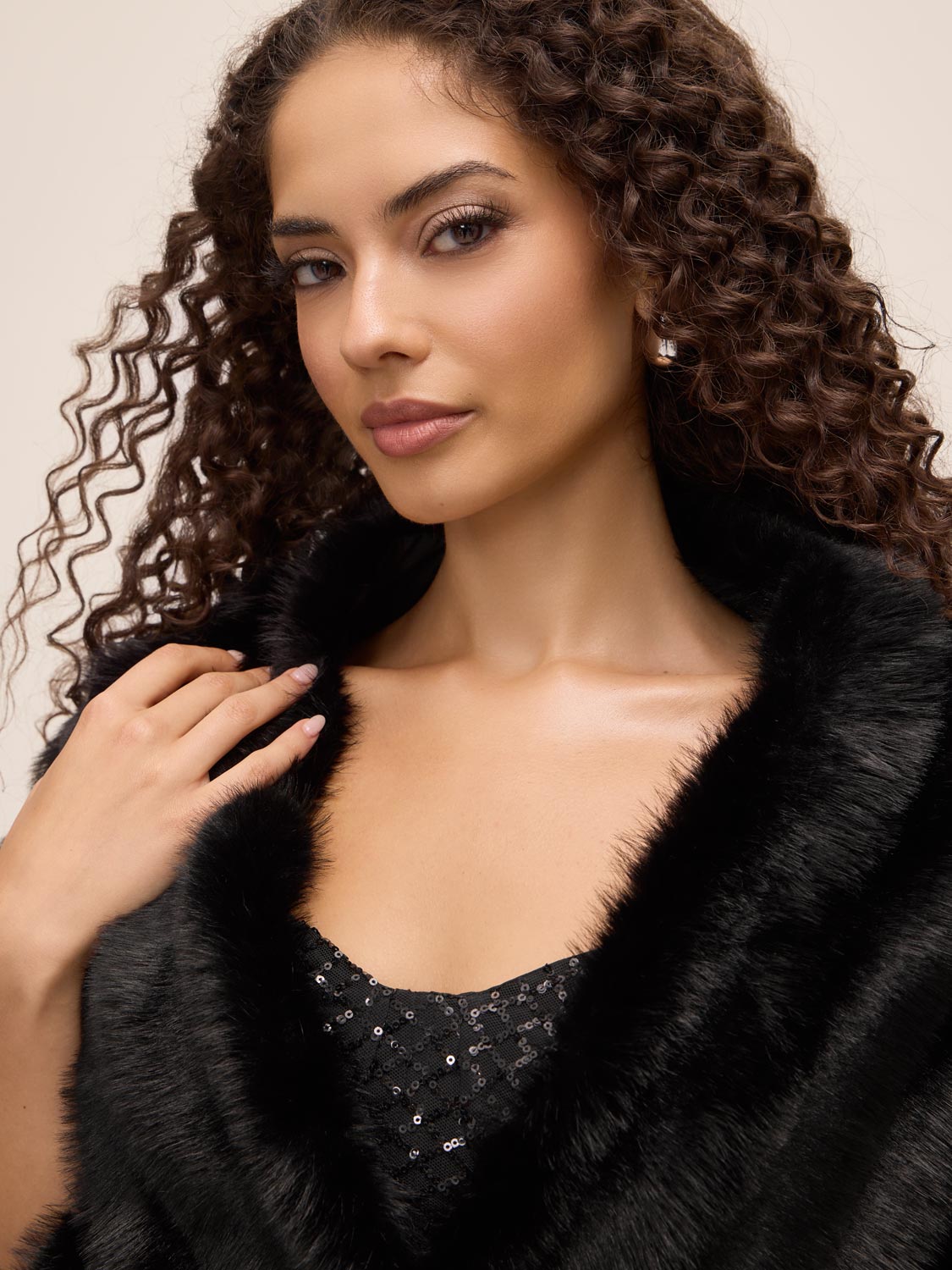 Black Fur-Striped Shawl with Jewel Trim Closure - Front View - Le Chateau