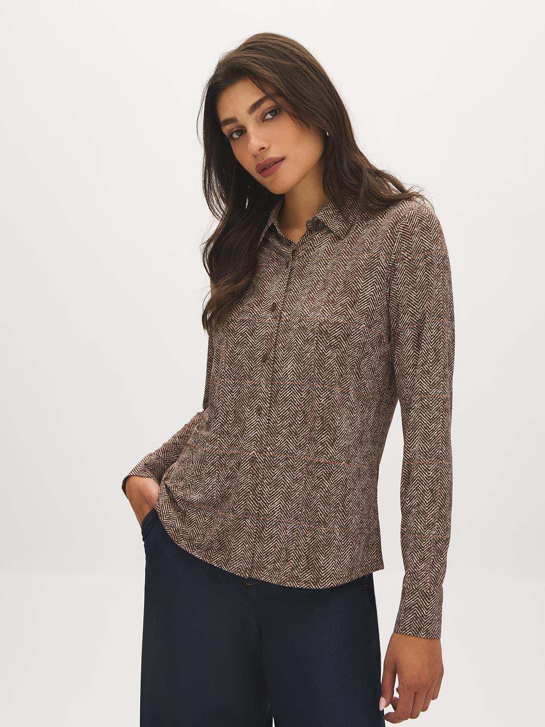 Rainy Day Solid Button-Up Knit Blouse - Woman Wearing Collared Button-Up Shirt - Suzy Shier