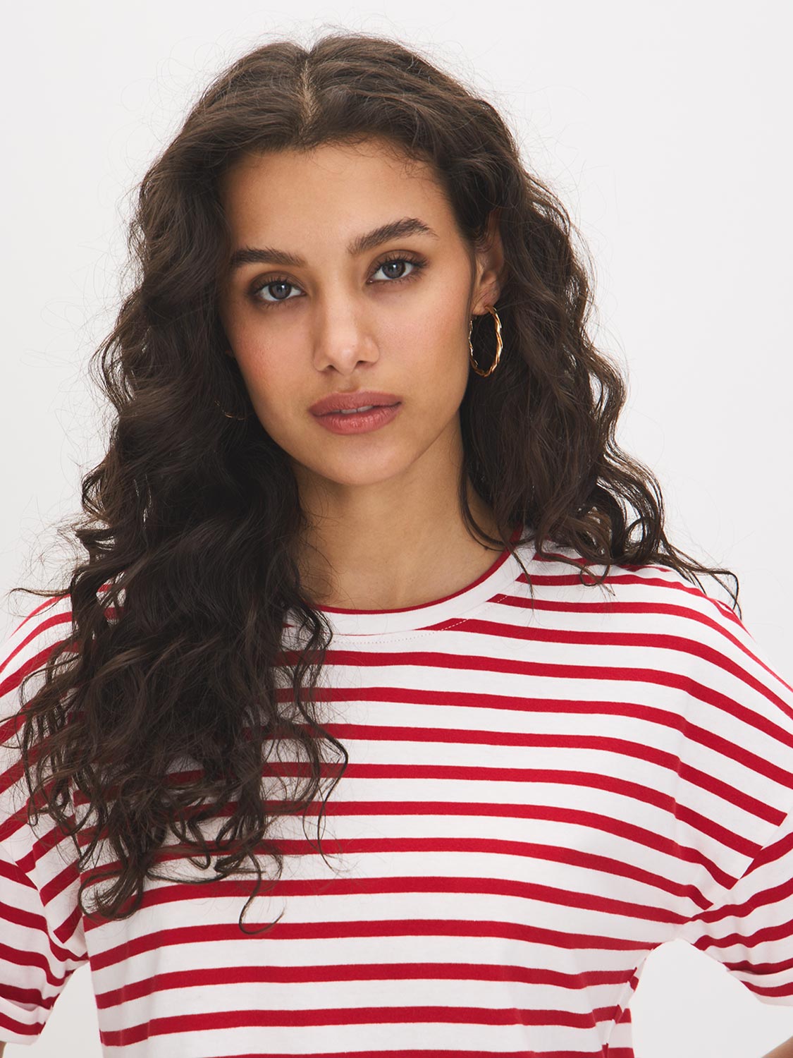 Jester Red Stripe Cotton Crew Neck Tee - Woman Wearing Loose-Fit Striped Top - Suzy Shier