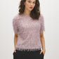 Violet Shadow Fuzzy Knit Crew Neck Top - Woman Wearing Short Sleeve Relaxed Sweater - Suzy Shier