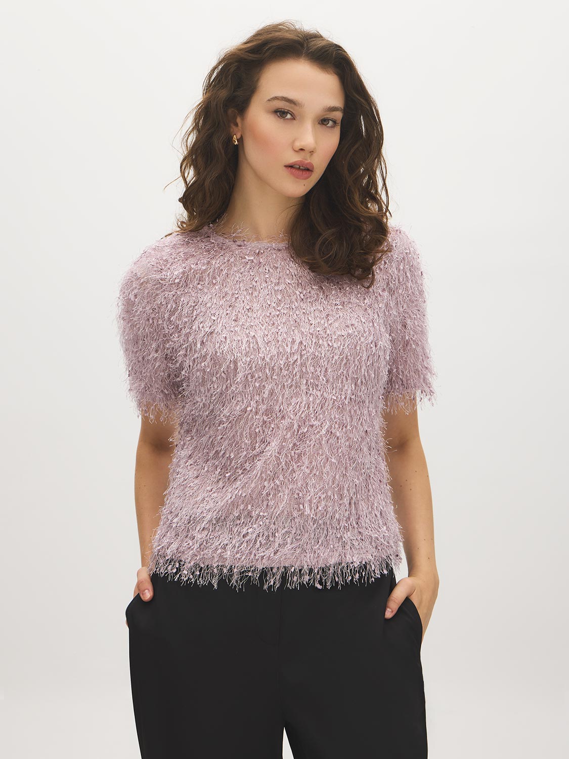 Violet Shadow Fuzzy Knit Crew Neck Top - Woman Wearing Short Sleeve Relaxed Sweater - Suzy Shier